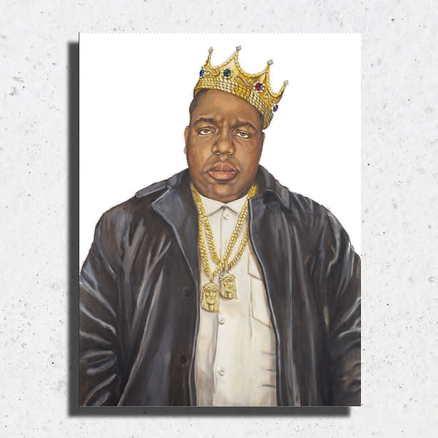 Painting of The Notorious B.I.G. wearing a crown and gold chains.