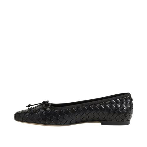 Side view of a black Ruthie woven leather square toe ballet flat with a decorative bow.