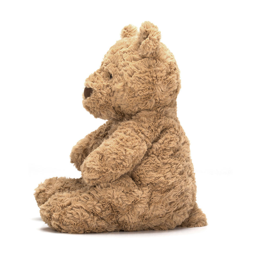 Large Bartholemew Bear plush toy in beige polyester with PE bean filling.