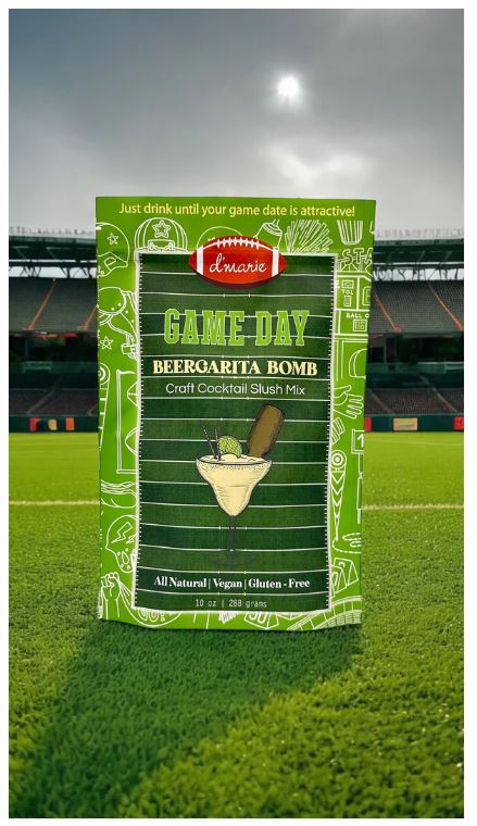 Beergarita Bomb Craft Cocktail Slush Mix 10 oz pouch on a football field with a stadium background.
