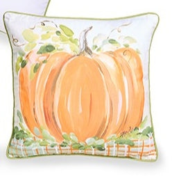 16-inch square white pillow featuring a watercolor-style orange pumpkin with green vine accents.