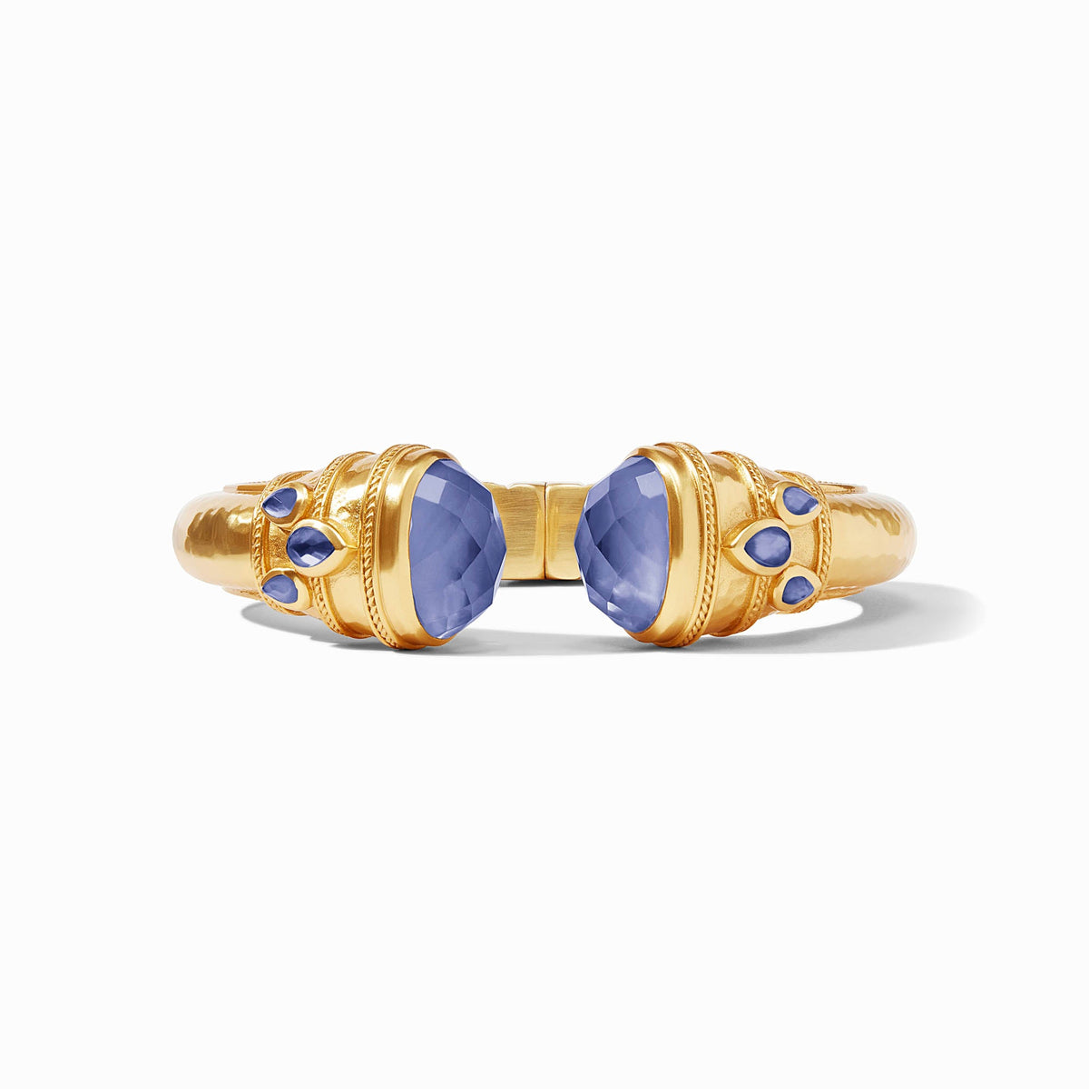 Cannes Cuff in 24K gold plate with faceted blue imported glass stones.