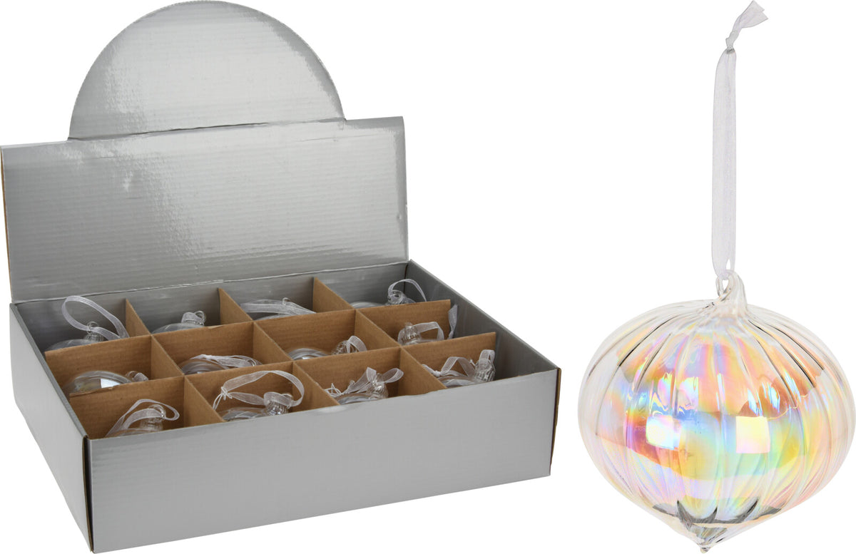 Iridescent 8cm onion-shaped glass Christmas ornament with vertical stripes and a white ribbon.