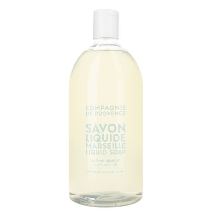 33.8 fl oz refill bottle of Compagnie de Provence Soft Jasmine Liquid Marseille Soap.