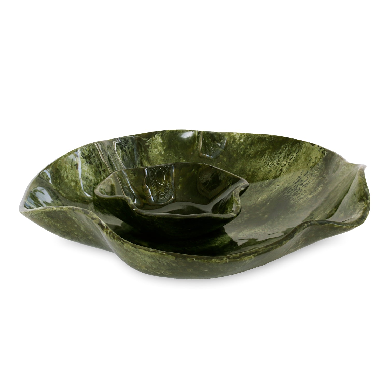 Green swirled resin chip and dip bowl with a built-in center well and wavy edges.