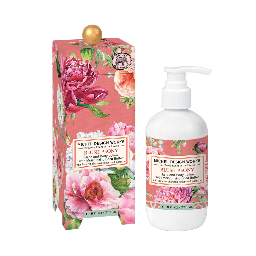 8 fl oz hand lotion bottle with aromatic peony scent
