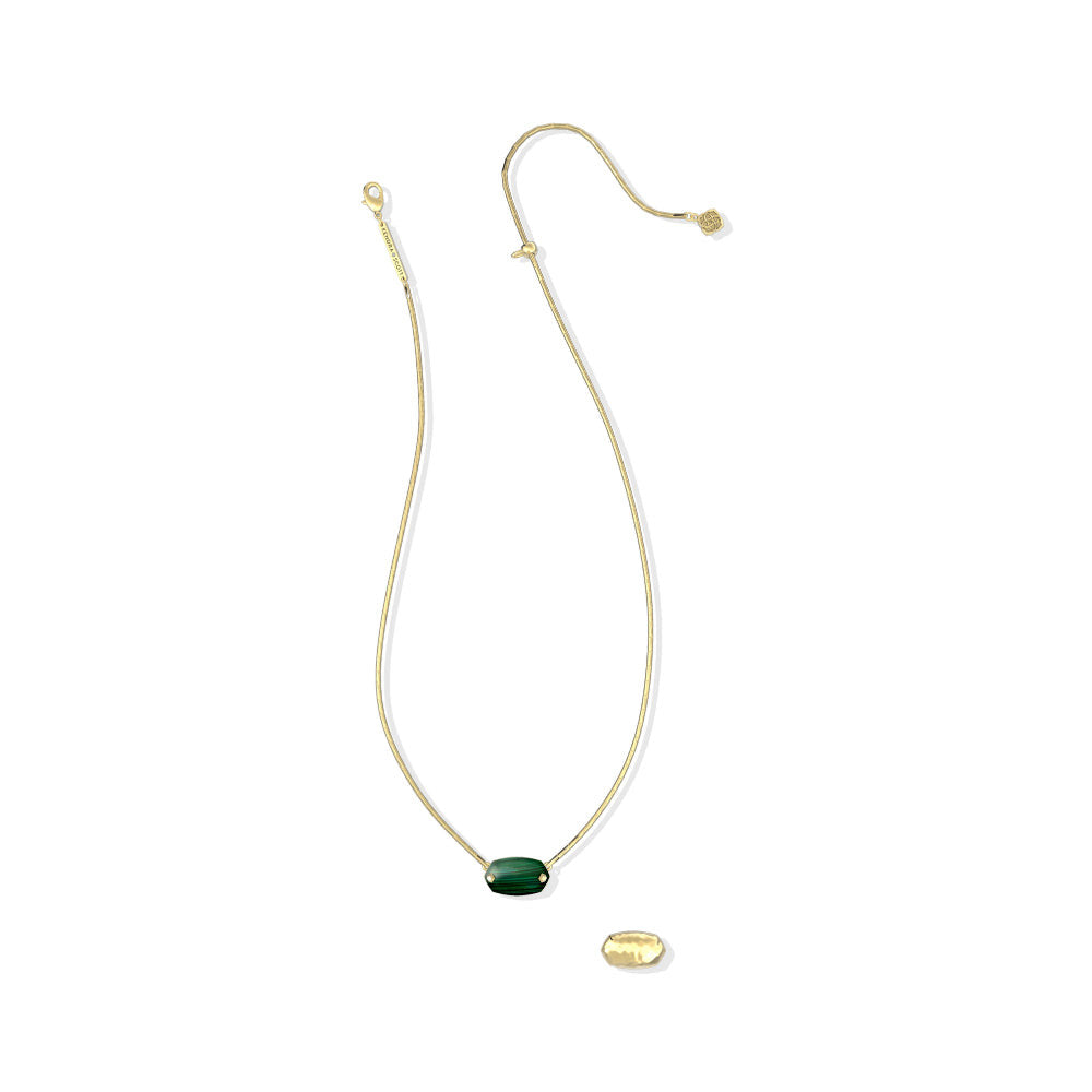 Elisa Riveted Short Pendant Necklace with a green stone and gold chain, showing reversible back.