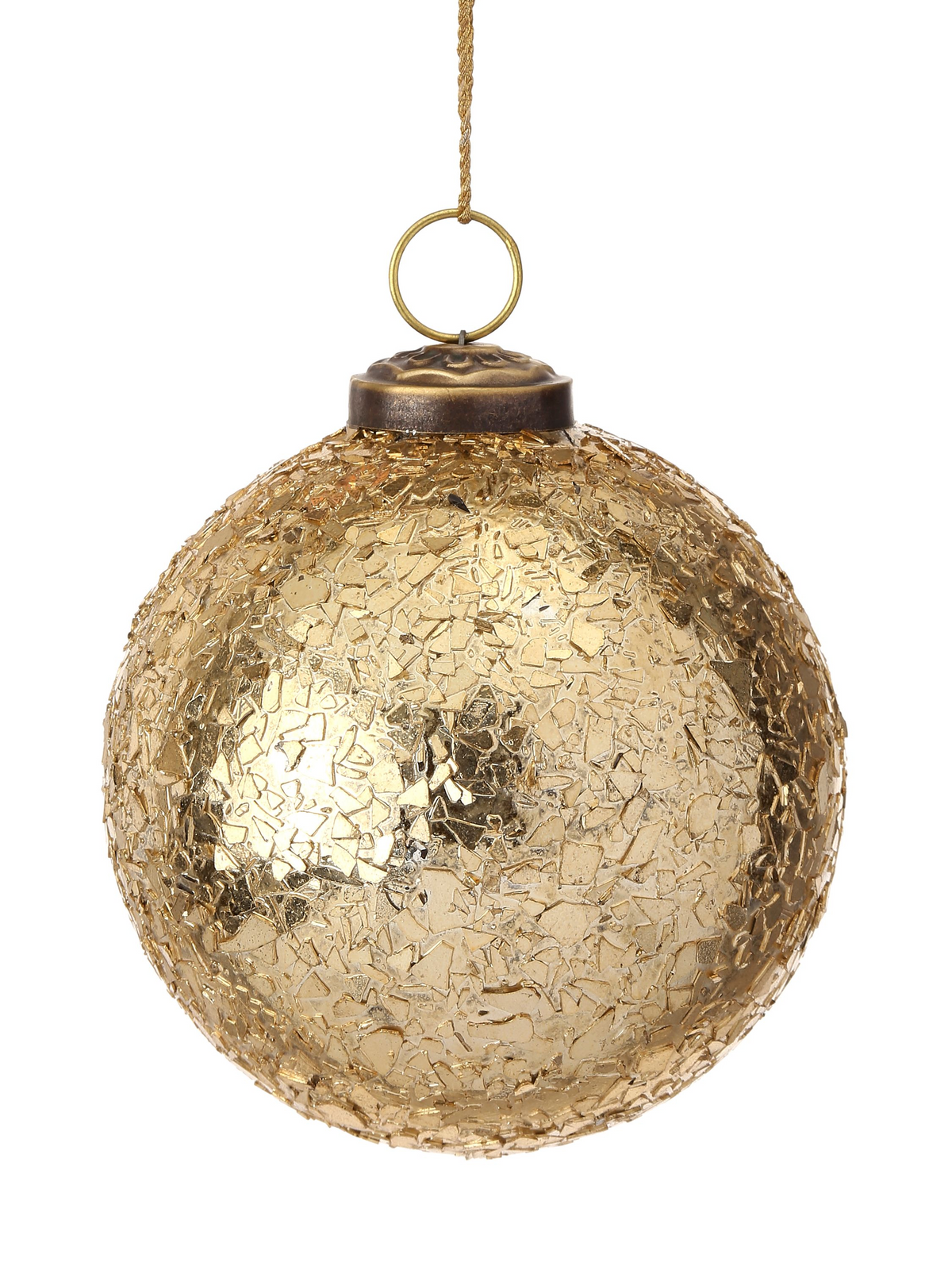 4-inch gold metallic crackle glass ball ornament with a bronze-colored cap and hanging loop.