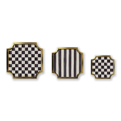 Three stackable trinket trays in varying sizes with black and white checkered and striped patterns.