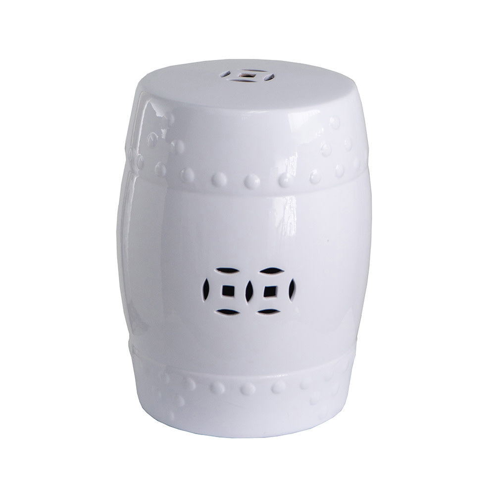 White ceramic garden stool with exotic detailing, measuring 13x13x18 inches.