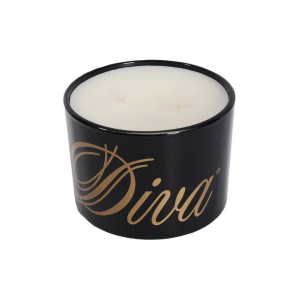 Glossy black glass candle container holding DIVA fragrance with a cylindrical silhouette.