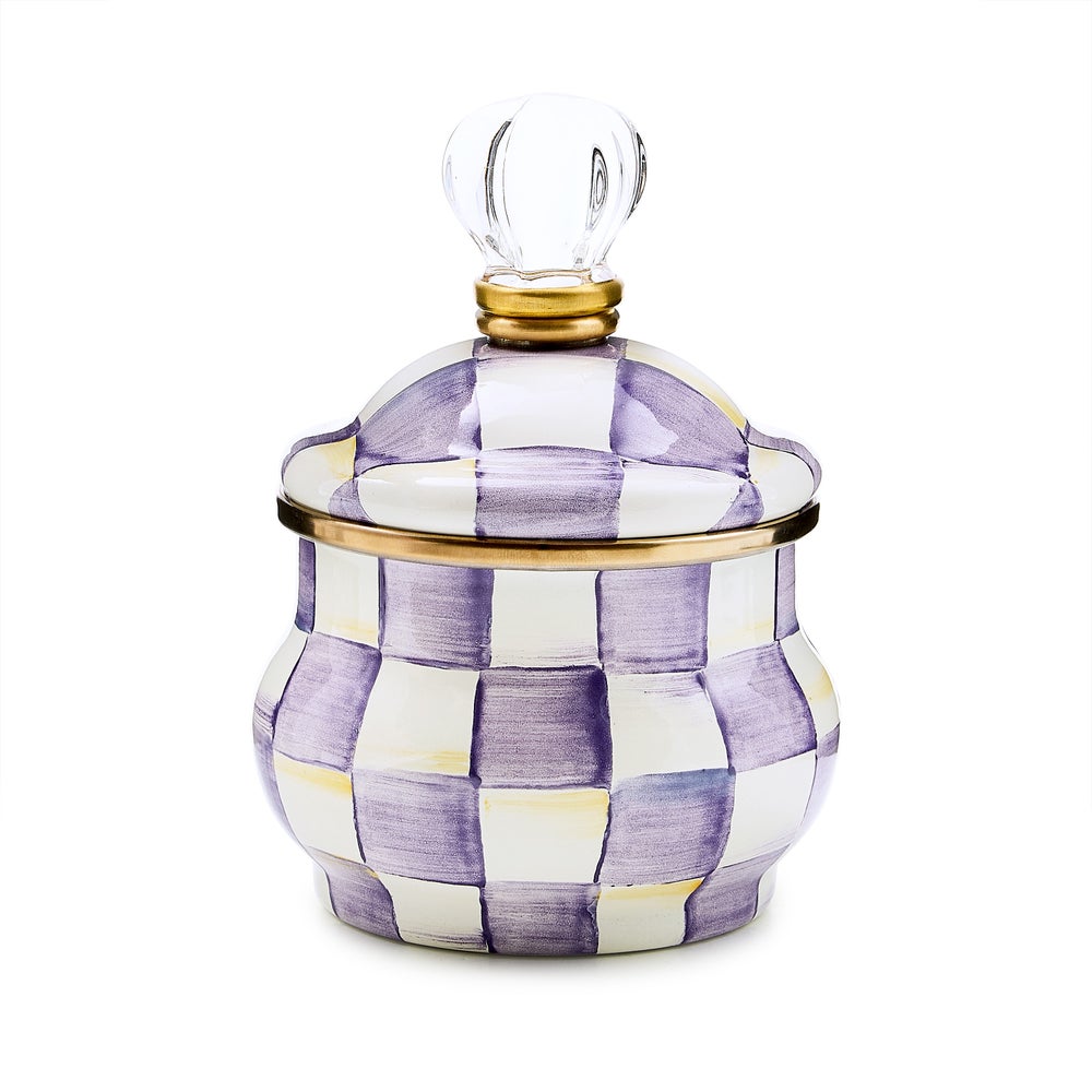Hand-glazed steel sugar bowl with violet checkered pattern, bronzed stainless rim, brass and glass accents.