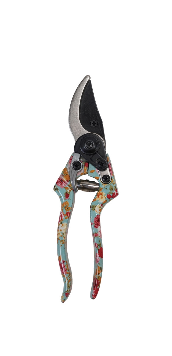 Garden pruning shears with a light blue floral pattern on the handles and sharp metal blades.