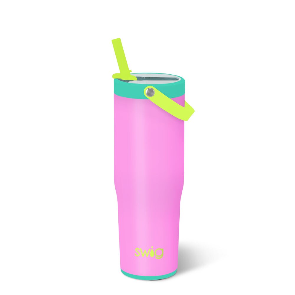 30oz stainless steel tumbler with silicone base and flip lid featuring a removable straw.
