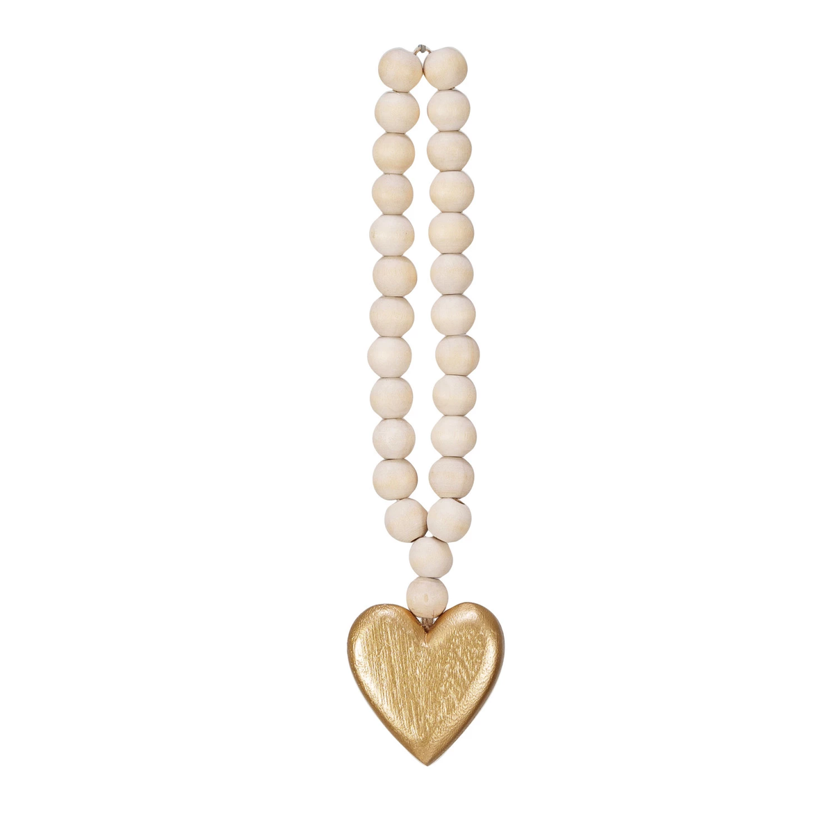 Wooden bead garland featuring a gold heart accent