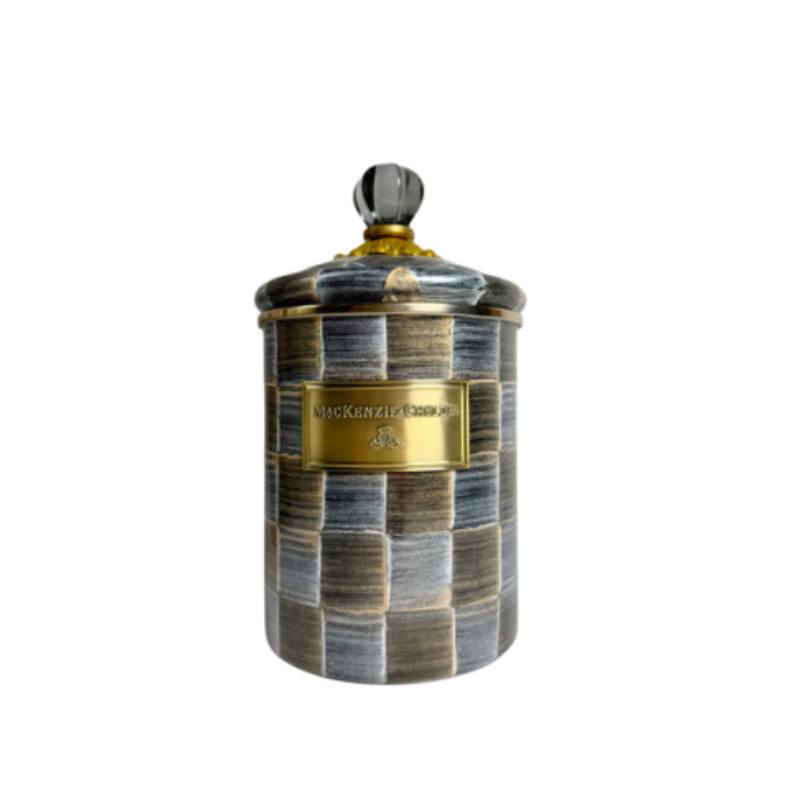 Sophisticheck Medium Canister with a grey and gold checkered pattern and a glass knob lid.