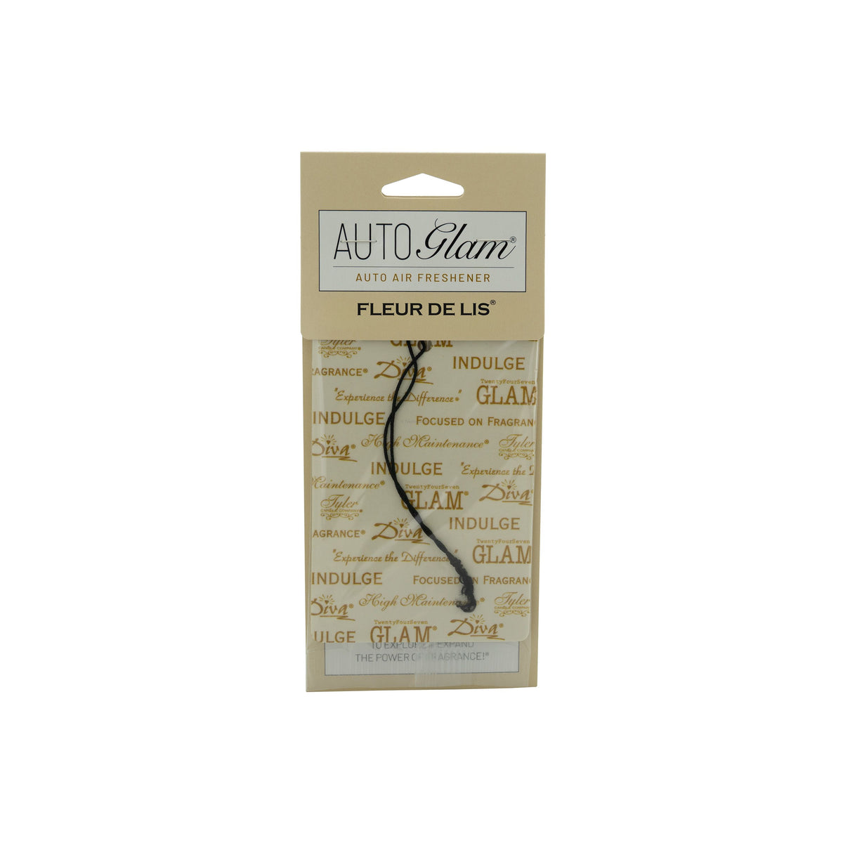 Auto Glam Fleur De Lis auto air freshener in tan packaging with black hanging string.