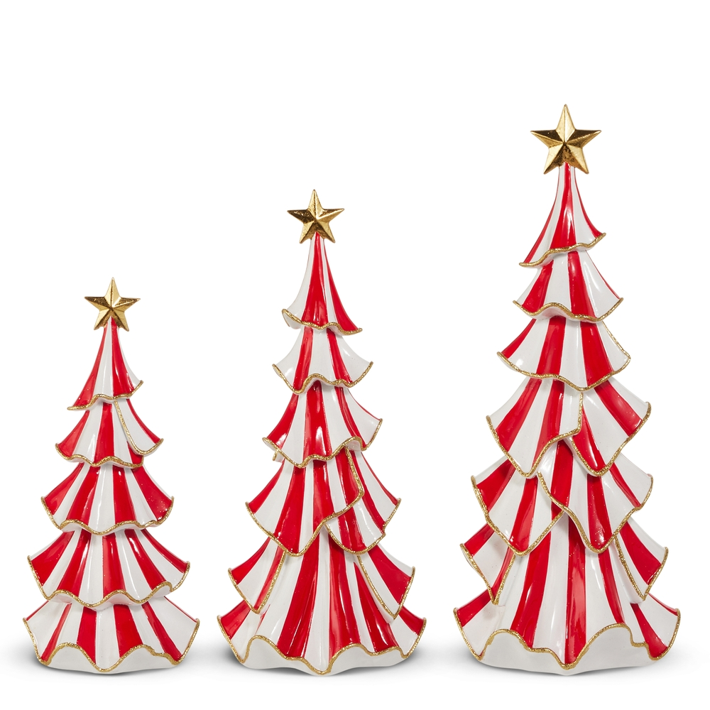 Set of three red and white striped ruffle Christmas trees with gold star toppers in varying sizes.