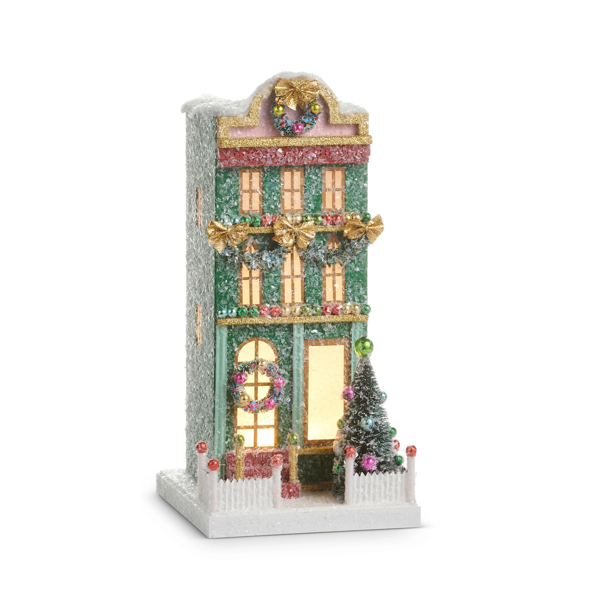 12.5-inch green lighted paper house with glitter, wreaths, and a small Christmas tree.