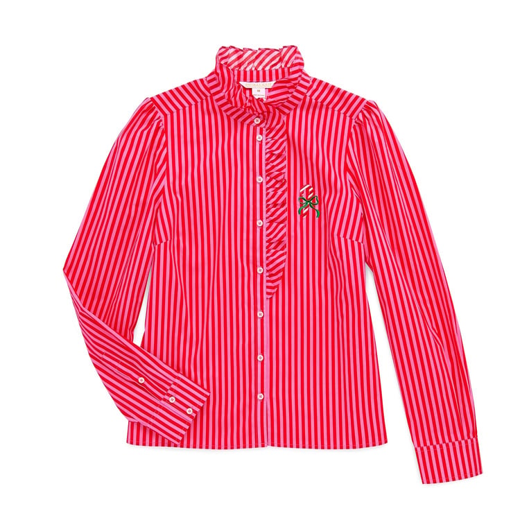Rosa Candy Cane Ruffle Blouse with pink and red stripes, ruffled collar, and embroidered green bow.