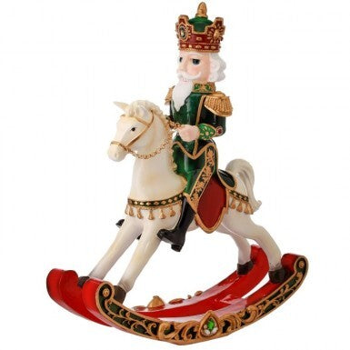 20-inch resin royal jeweled nutcracker figure riding a white rocking horse with red and gold accents