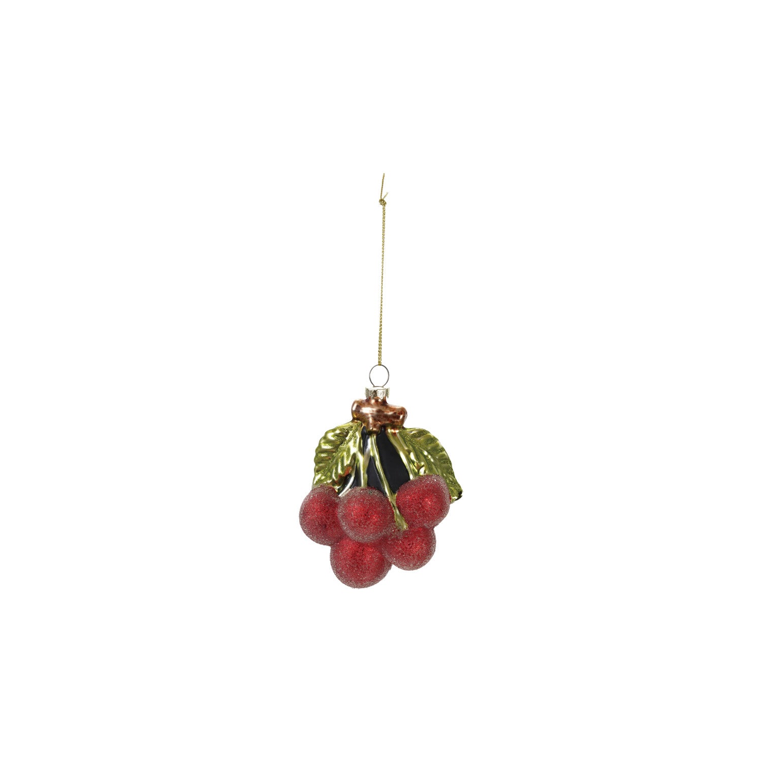 Glass cherry cluster ornament with red sugared fruit and green leaves on a gold hanging string.