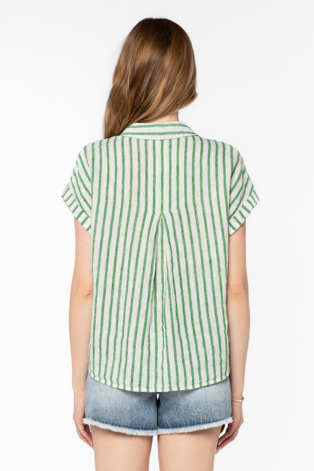 Kirsty striped linen-blend top with collar, chest pocket, cuffed sleeves in light neutral tone.