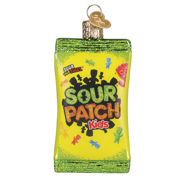 Glass Sour Patch Kids candy bag Christmas ornament with green glitter accents and a gold heart tag.