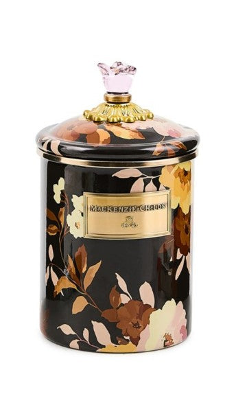 Wild Rose Brown Medium Canister with floral pattern, gold-tone label, and pink glass rose finial.