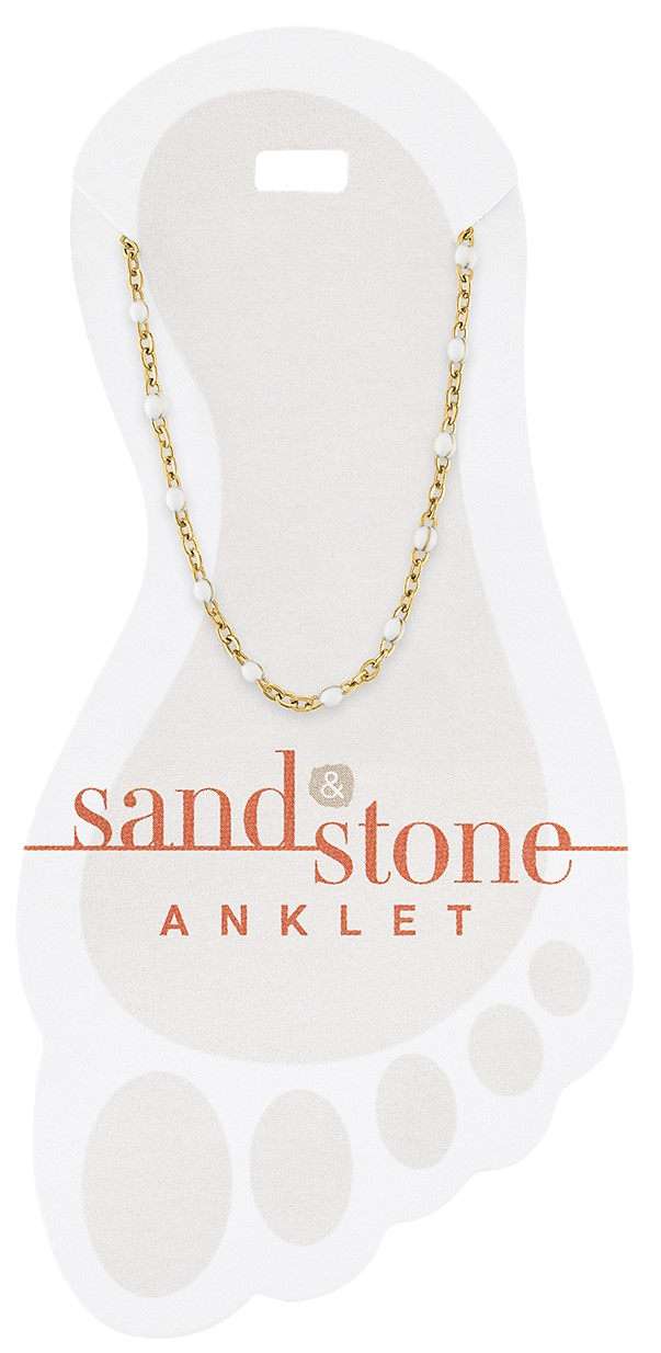 Gold petite anklet with small white beads on a thin chain, displayed on a foot-shaped card.