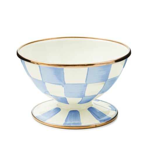 Hand-glazed steel ice cream dish with hand-painted sky blue check pattern on a bronzed stainless steel rim.