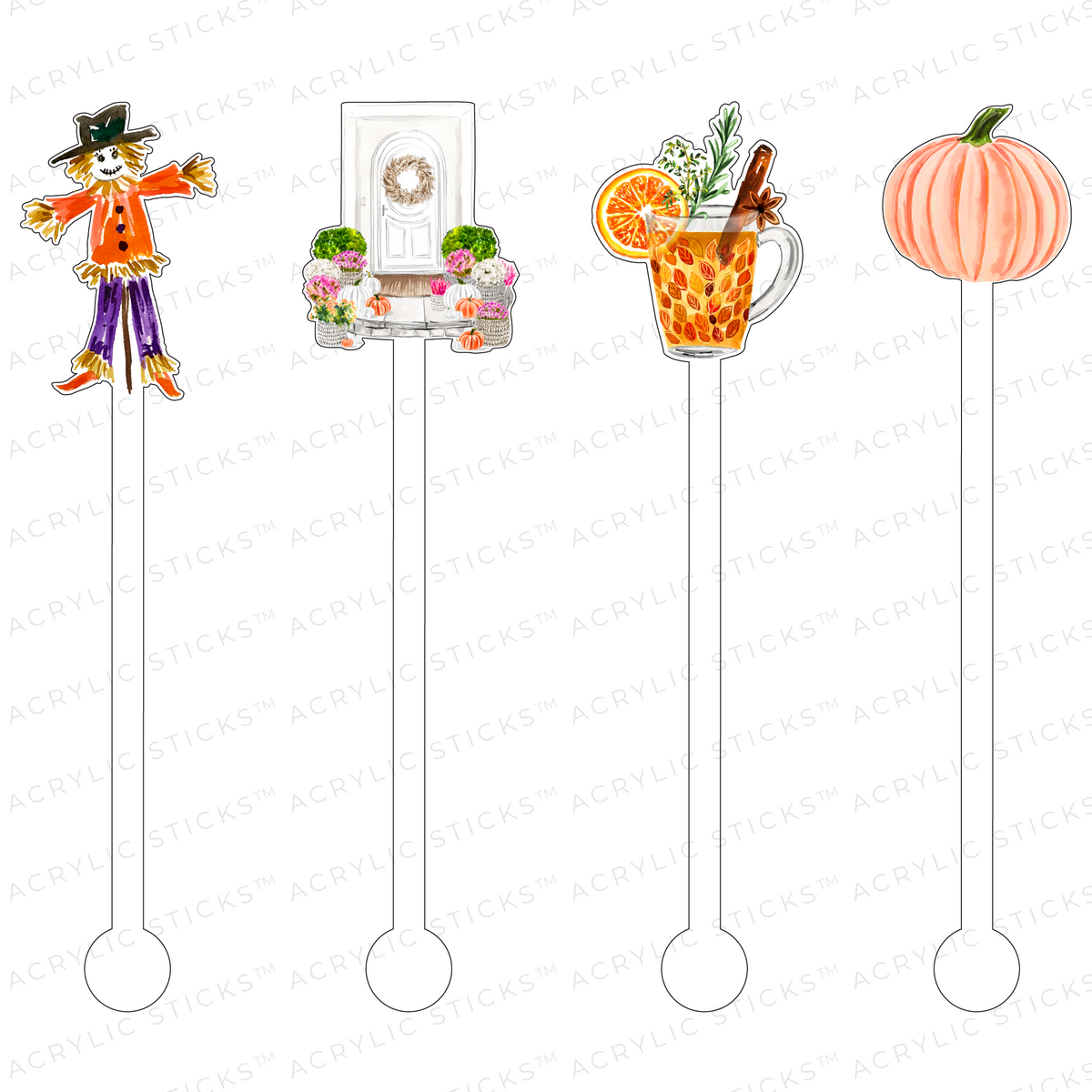 Set of four clear acrylic stir sticks with smooth cylindrical handles.