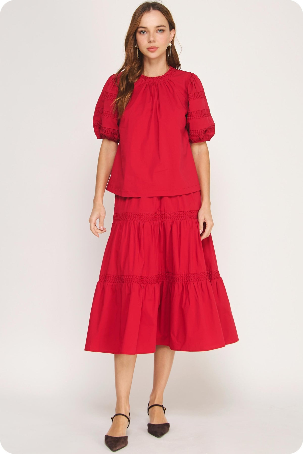 Venice Reverse Pintuck Puff Sleeve Top in light fabric with gathered bodice and voluminous sleeves.