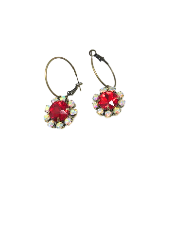 Ruby and iridescent rhinestone flower hoop earrings with antique gold-tone finish.