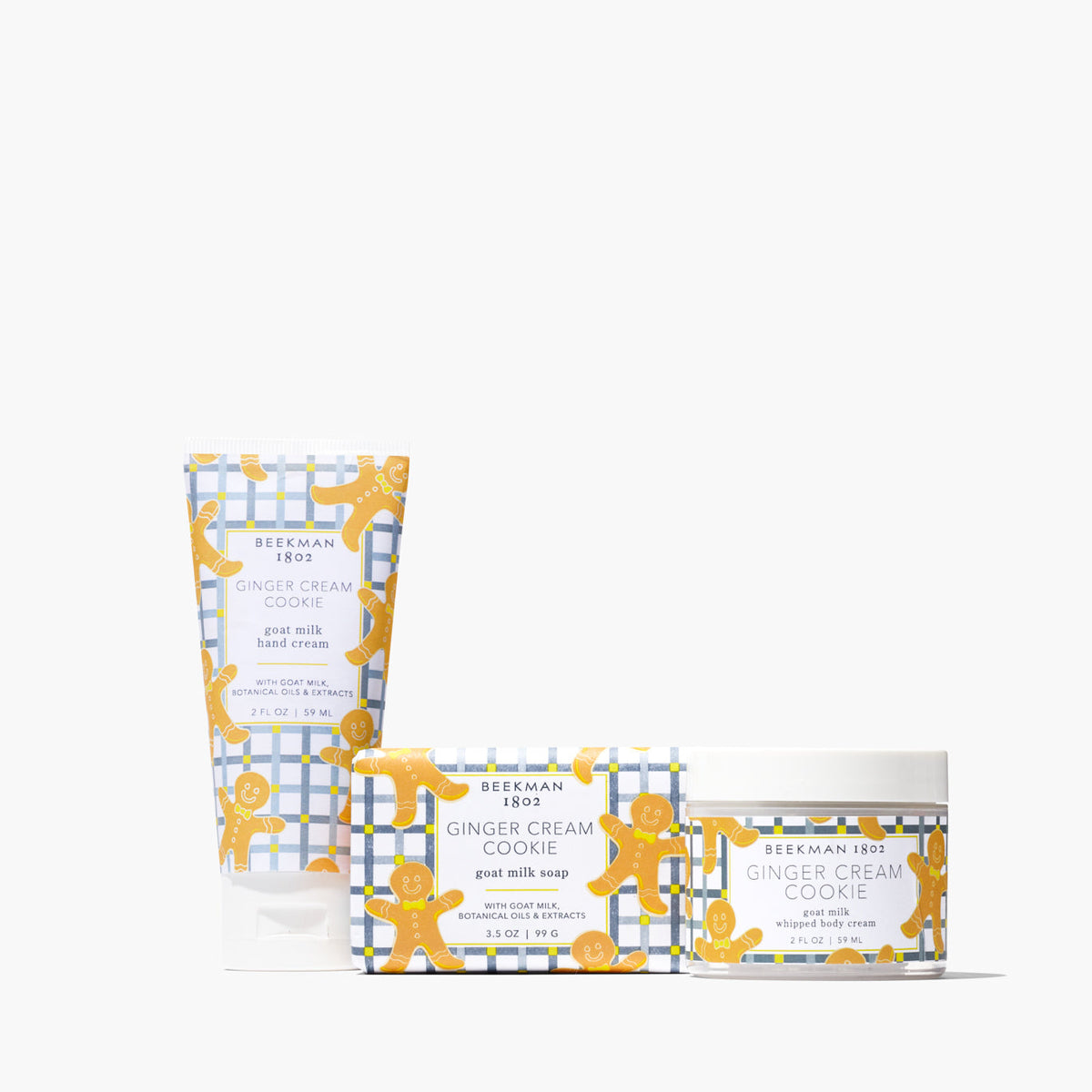 Ginger Cream Cookie gift set containing goat milk soap, hand cream, and whipped body cream in neutral packaging.