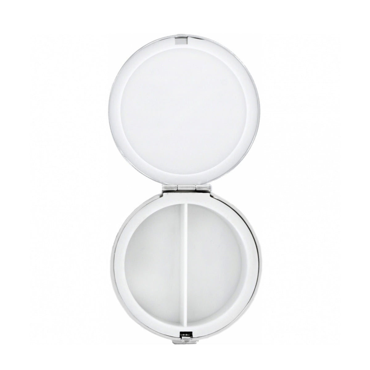 Open silver Ferrara pill box with two white interior compartments.