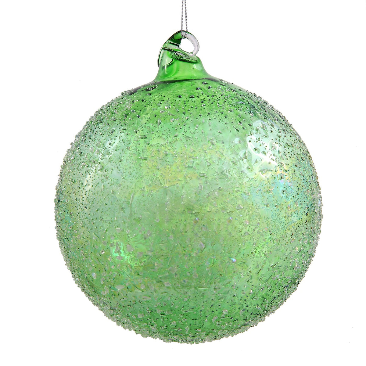 120mm green glass ball ornament with a textured, beaded surface and a clear hanging loop.