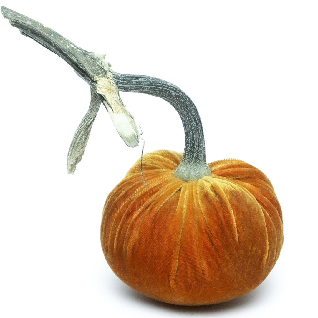 Handmade 3-inch orange silk velvet pumpkin with a long, natural curved stem.