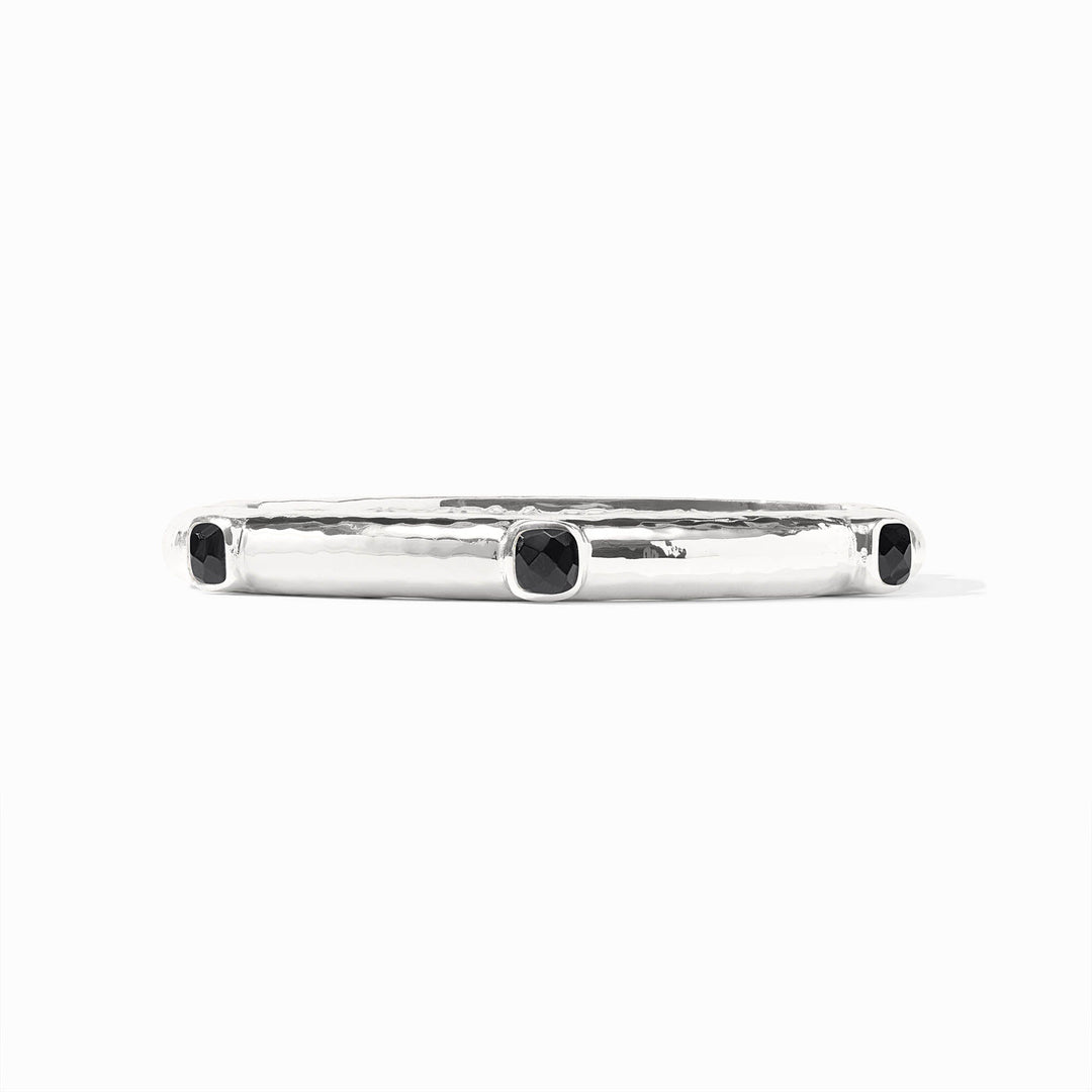 Catalina silver hinge bangle with black glass stone accents and a hammered texture.