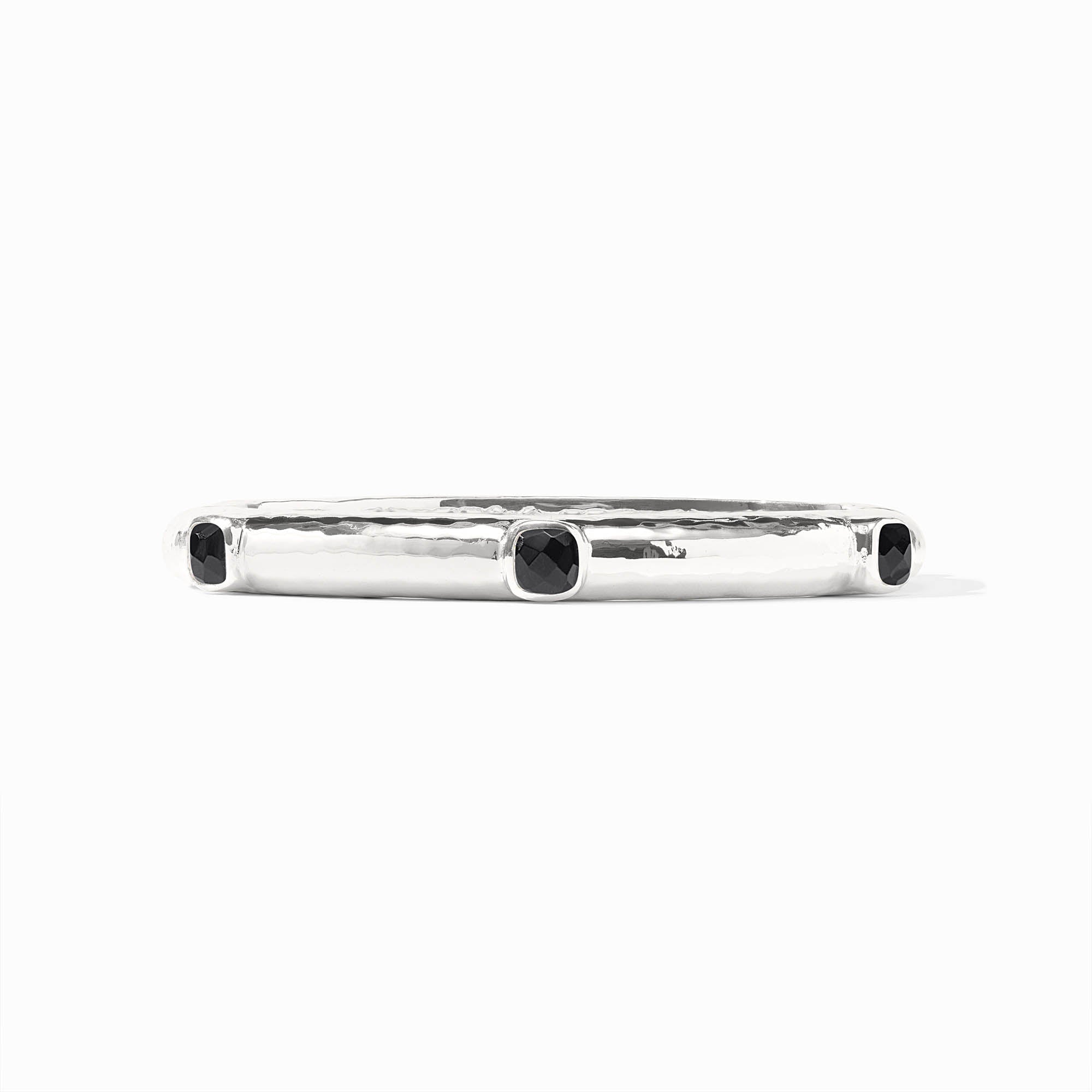 Catalina silver hinge bangle with black glass stone accents and a hammered texture.