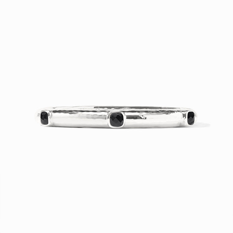 Catalina silver hinge bangle with black glass stone accents and a hammered texture.