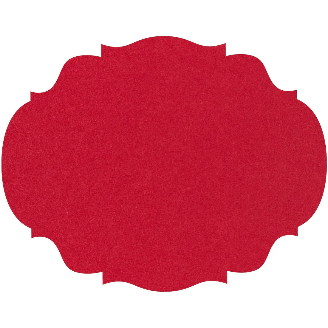 Red die-cut placemat with a decorative scalloped edge and textured finish.