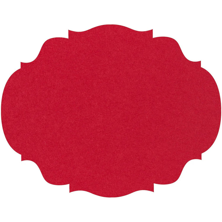 Red die-cut placemat with a decorative scalloped edge and textured finish.