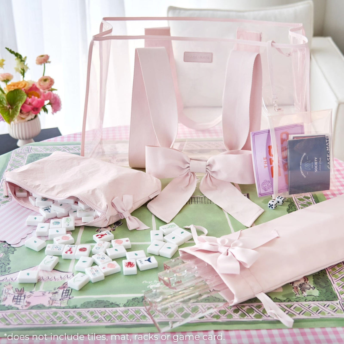 Mahjong Jelly Tote Set in ballet pink with a large bow, tile bag, rack sleeve, and card pouch.