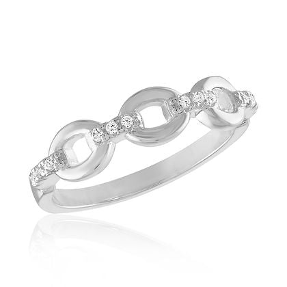 Stack ring with linked cubic zirconia loops in silver metal