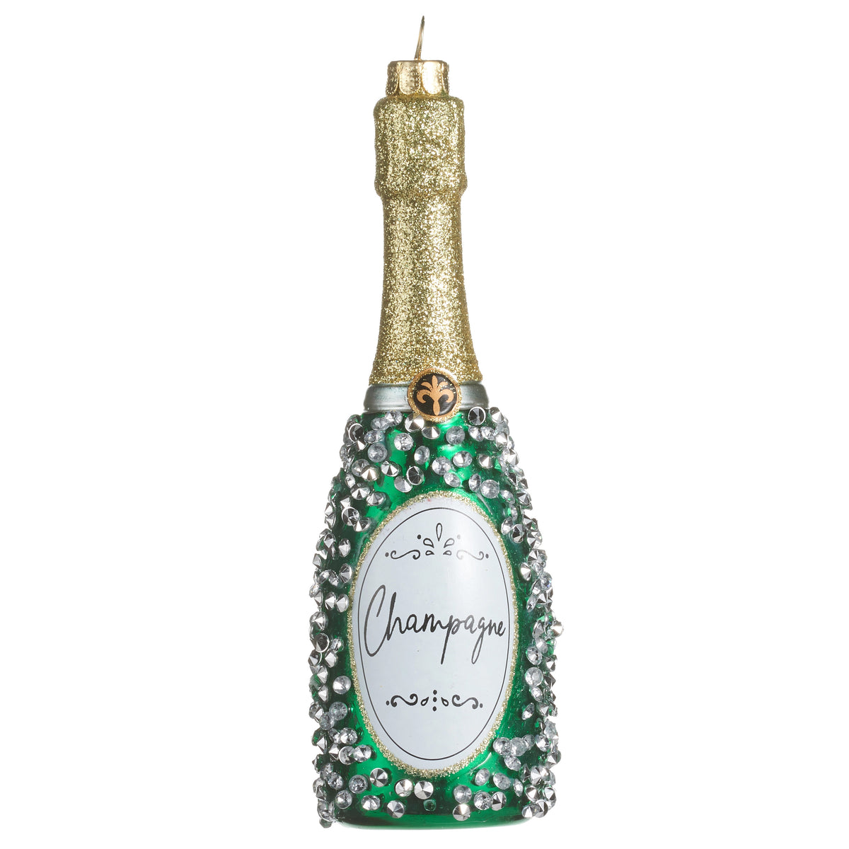 6-inch green glass champagne bottle ornament with gold glitter neck and silver rhinestone accents.