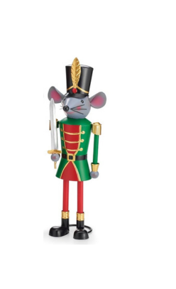 Hand-painted 16-inch tin Mouse King nutcracker decor in a green and red uniform holding a sword.