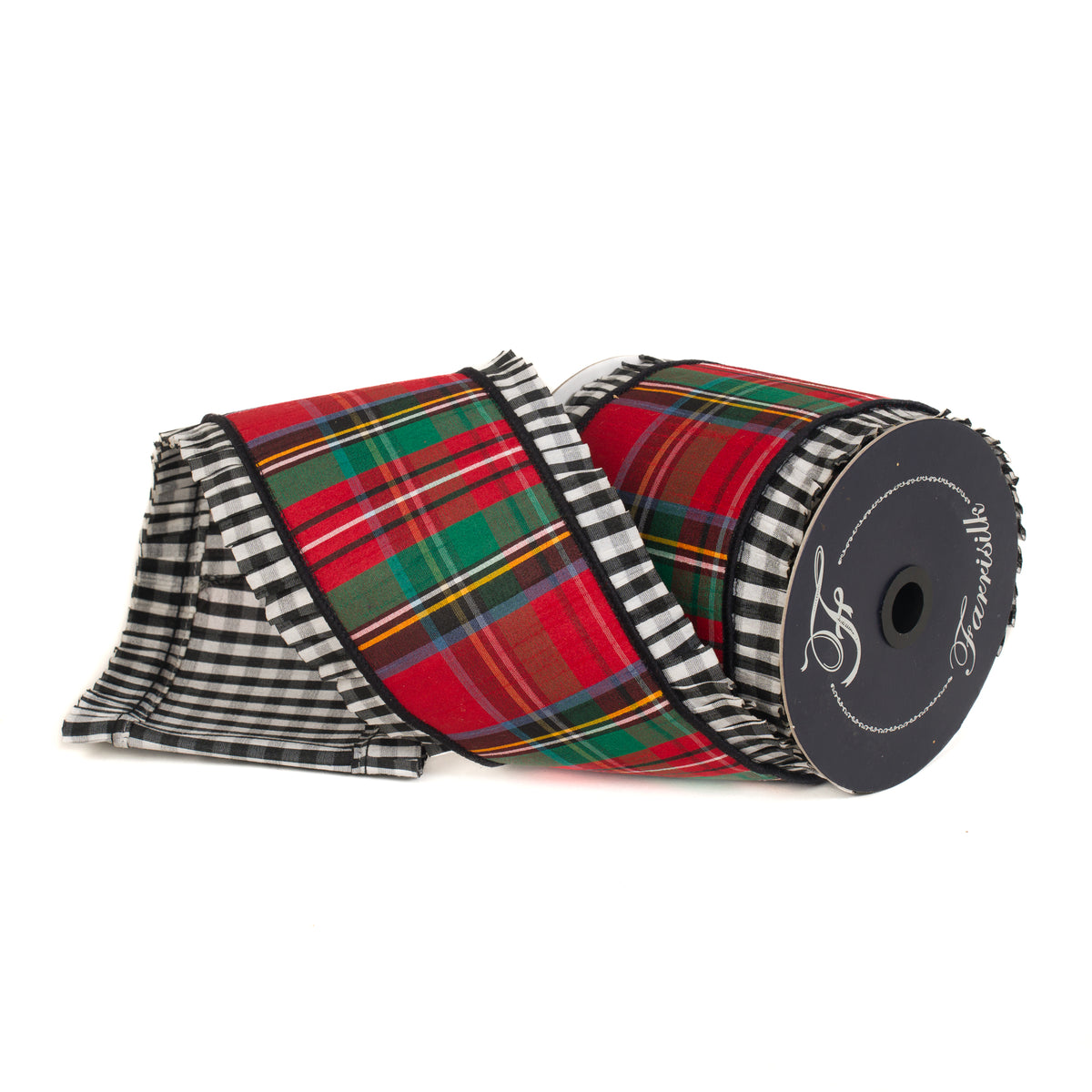 4 inch by 10 yard Angsley Abbey multi-colored plaid ribbon with black and white checkered edges.