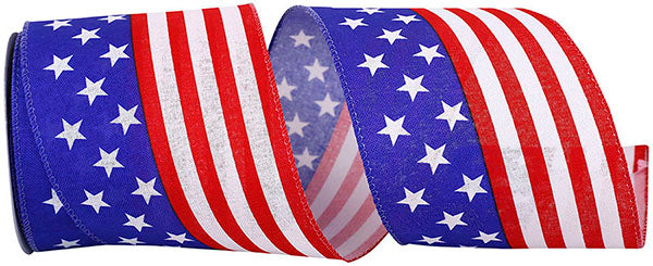 Flag Stripe Wired Edge fabric roll showing a blue and white horizontal striped pattern on polyester material.