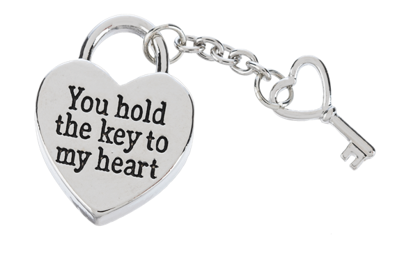 Silver heart-shaped padlock keychain with "You hold the key to my heart" engraving and a matching heart-shaped key.